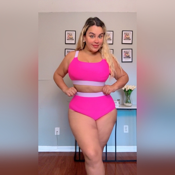 Bikini Set Two Piece High Waisted Scoop Neck Swimsuit Plus Size Pink Purple NEW - Picture 3 of 12